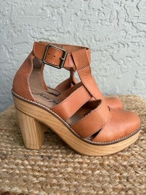 Free People Leather Platform Clog Sandals Wood Heel Brown Boho EU 38 US 7.5 8